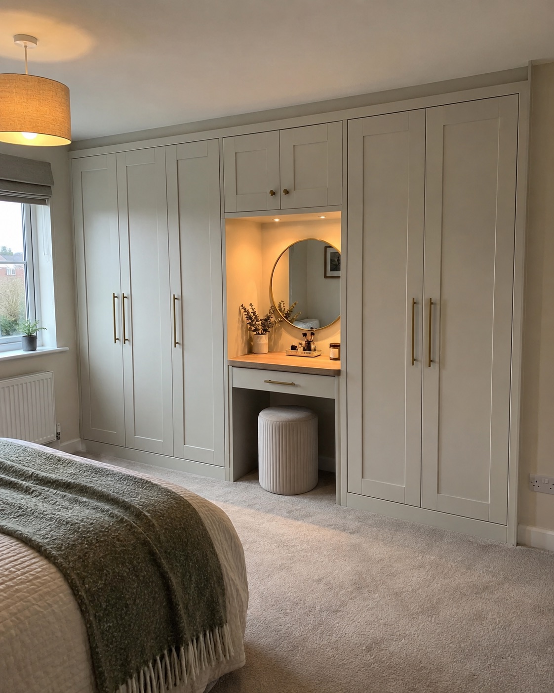 Pale shaker fitted wardrobes with an illuminated dressing table