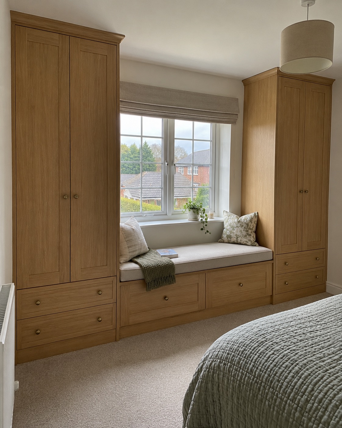 Oak fitted wardrobes with drawers and a window seat