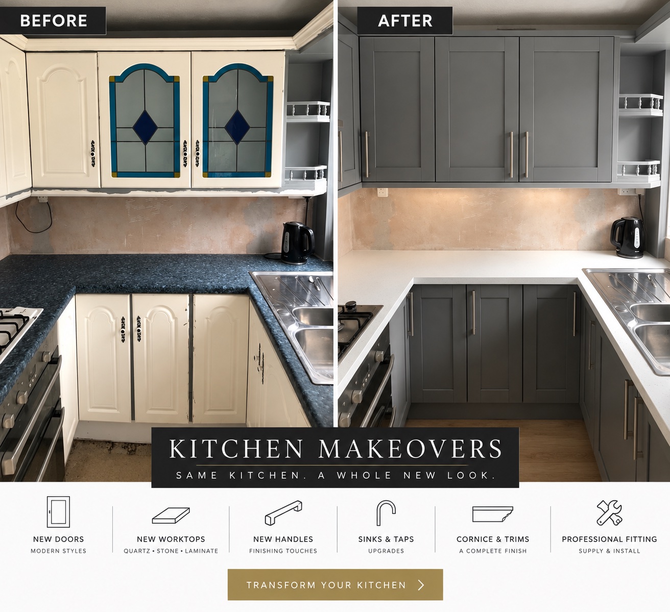Before and after TLS Kitchens makeover showing old cream doors changed to grey Shaker doors with white worktops and new handles