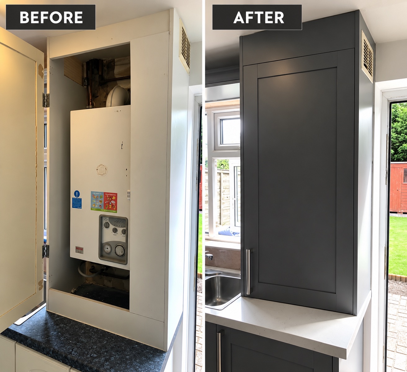Before and after boiler housing changed from exposed white enclosure to fitted grey Shaker kitchen cabinet