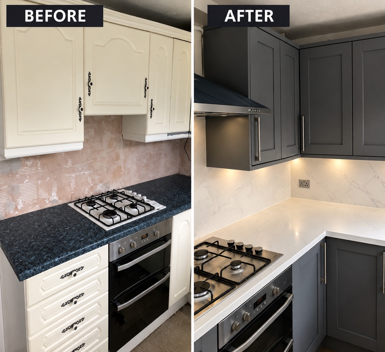 Before and after kitchen cooking area with cream doors and dark worktop replaced by grey Shaker doors, white worktop and splashback