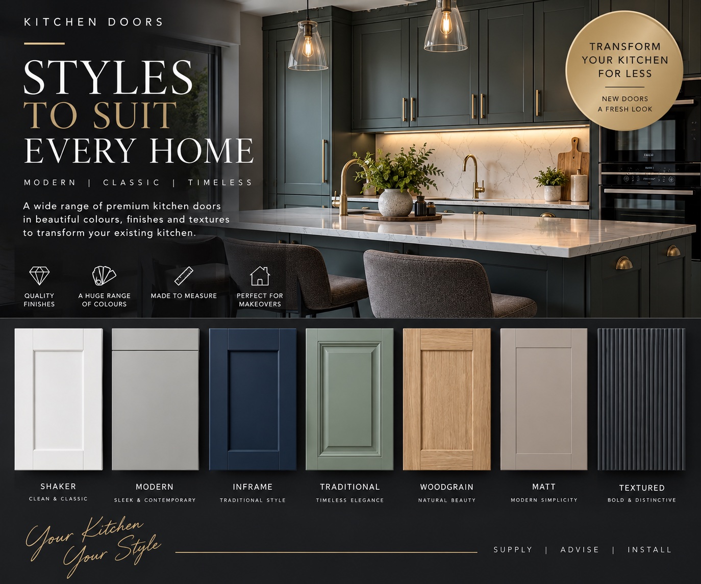 Kitchen door style inspiration showing Shaker, modern, in-frame, traditional, woodgrain, matt and textured finishes