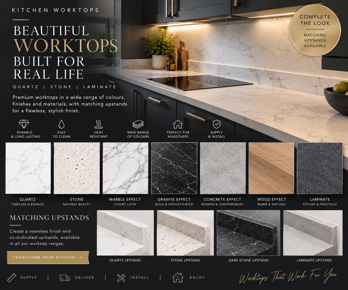 Kitchen worktop inspiration showing quartz, stone, marble effect, granite effect, concrete effect, wood effect and laminate finishes