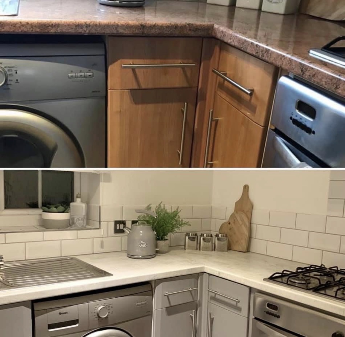 Before and after kitchen refresh with lighter worktop, grey cabinet fronts and white tiled splashback